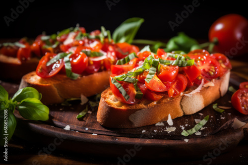 Delicious bruschetta with vegetables and basilic leaves on the board. Generated using AI tools.