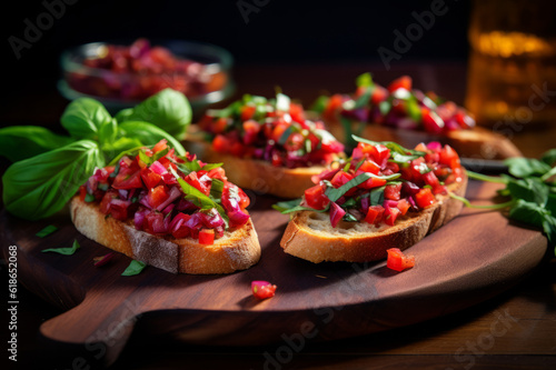 Delicious bruschetta with vegetables and basilic leaves on the board. Generated using AI tools.