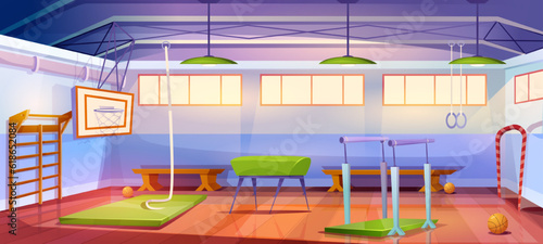 School gymnasium banner. Poster with sports accessories and attributes, rope and bars, basketball hoop and ball. Horizontal banner with empty gym for athletes. Cartoon flat vector illustration