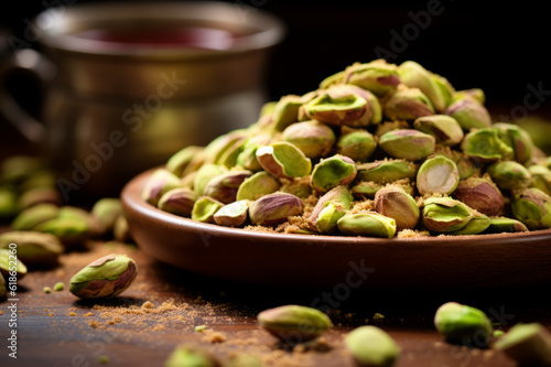 Bowl with pistachios on a wooden table. Generated using AI tools