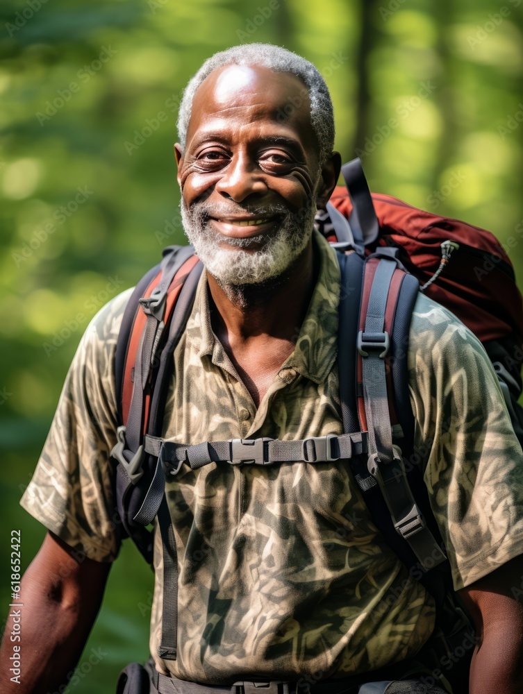 Obraz premium Senior Black Man Hiking Outdoors, Active Mature Hiker Photorealistic Illustration