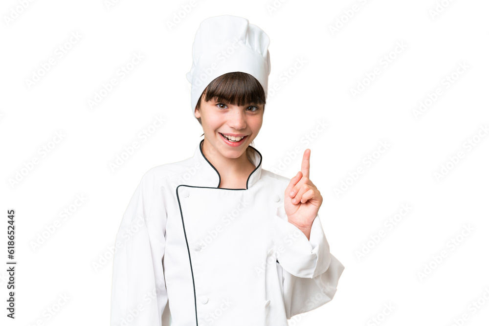 Little caucasian chef girl over isolated background pointing with the index finger a great idea Little caucasian chef girl over isolated background pointing with the index finger a great idea