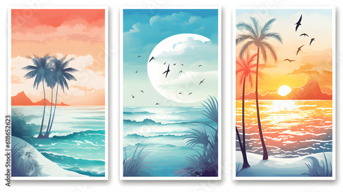 Summer. Beach. landscape. Typographic poster design and watercolor art
