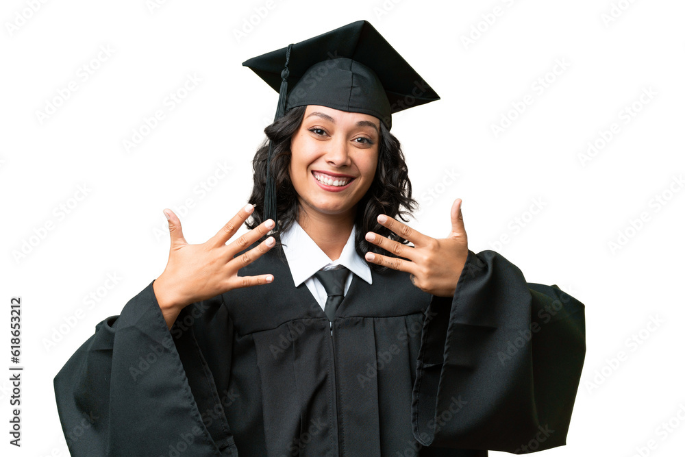 Young university graduate Argentinian woman over isolated background counting nine with fingers Young university graduate Argentinian woman over isolated background counting nine with fingers
