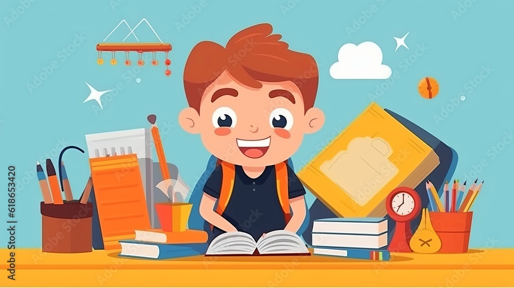 a school backpack with various stationery, a schoolboy at his desk. Illustration with cartoon child at school. Generative AI
a school backpack with various stationery, a schoolboy at his desk. Illustration with cartoon child at school. Generative AI