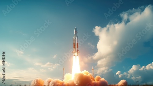 Launching a spacecraft or rocket from Earth. The moment of launch. A spectacular image of the launch of a space rocket