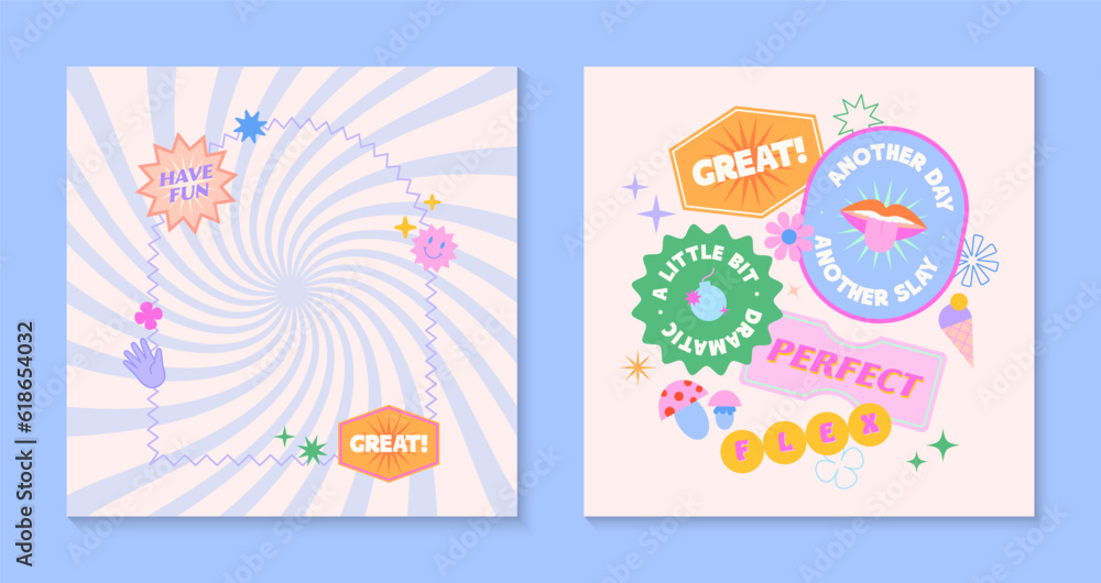 Vector templates with patches and stickers in 90s style.Modern emblems in y2k aesthetic with spiral background.Trendy funky designs for banners,social media marketing,branding,packaging,covers Vector templates with patches and stickers in 90s style.Modern emblems in y2k aesthetic with spiral background.Trendy funky designs for banners,social media marketing,branding,packaging,covers