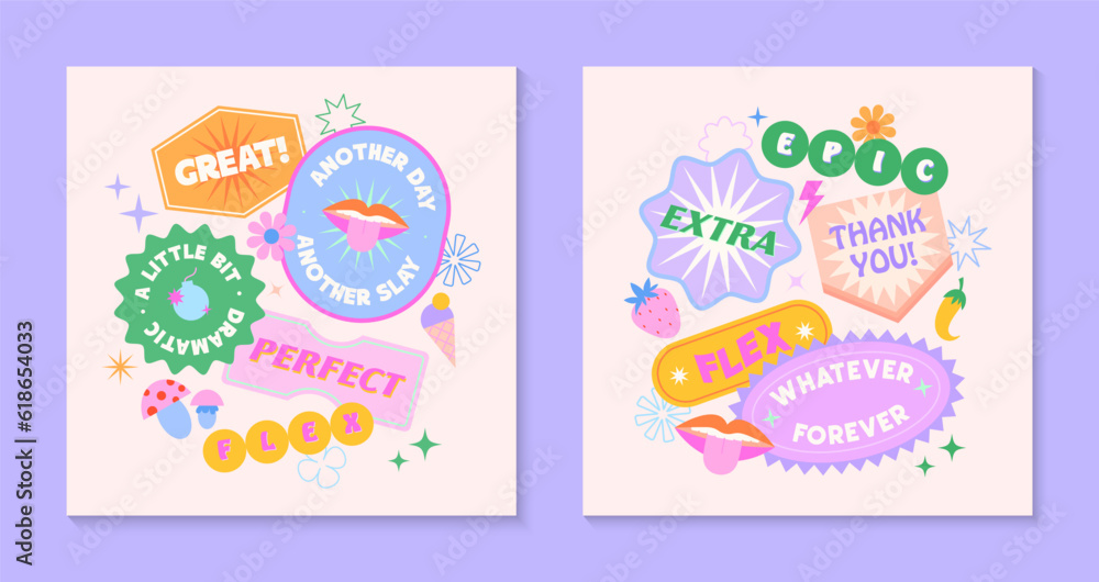 Vector set of cute templates with patches and stickers in 90s style.Modern symbols in y2k aesthetic with text.Trendy funky designs for banners,social media marketing,branding,packaging,covers Vector set of cute templates with patches and stickers in 90s style.Modern symbols in y2k aesthetic with text.Trendy funky designs for banners,social media marketing,branding,packaging,covers