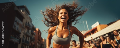 Happy attractive young woman running a marathon in the streets 