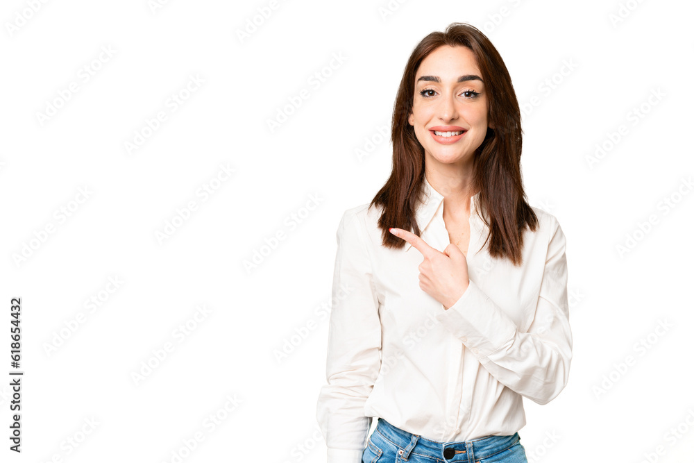 Young caucasian woman over isolated chroma key background pointing to the side to present a product Young caucasian woman over isolated chroma key background pointing to the side to present a product