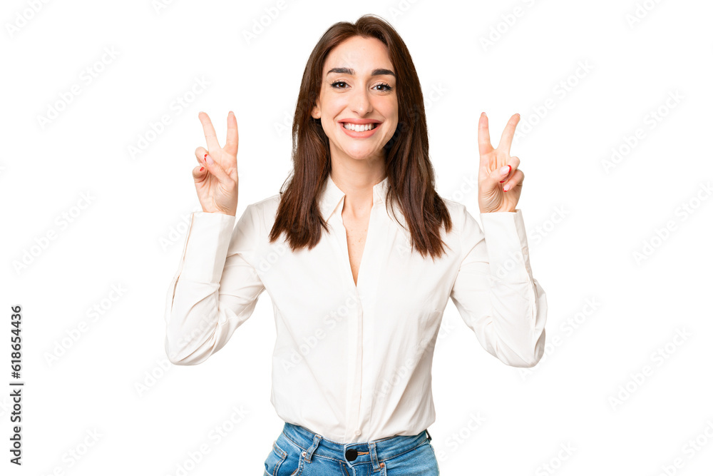 Young caucasian woman over isolated chroma key background showing victory sign with both hands Young caucasian woman over isolated chroma key background showing victory sign with both hands
