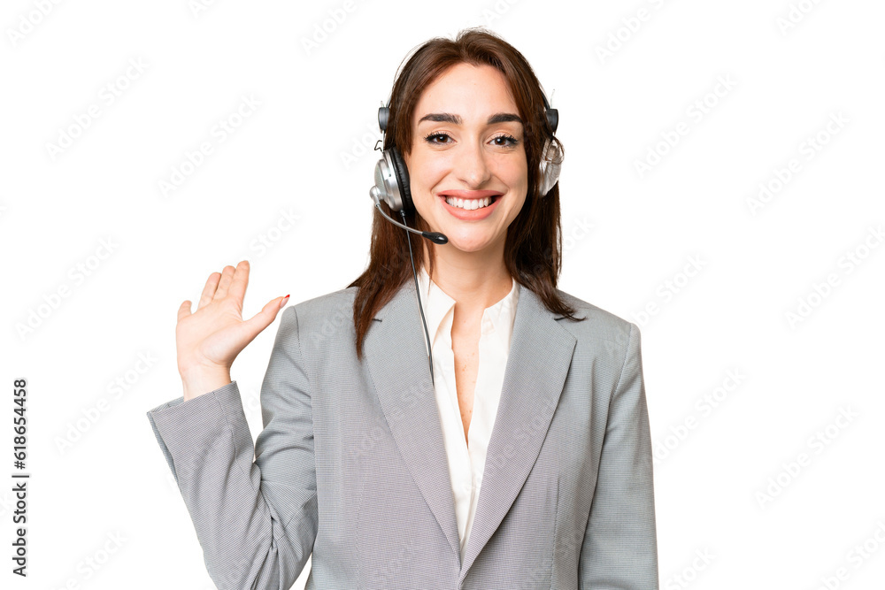 Telemarketer caucasian woman working with a headset over isolated chroma key background saluting with hand with happy expression Telemarketer caucasian woman working with a headset over isolated chroma key background saluting with hand with happy expression