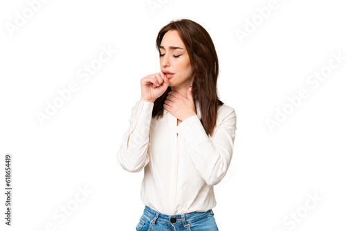 Young caucasian woman over isolated chroma key background is suffering with cough and feeling bad