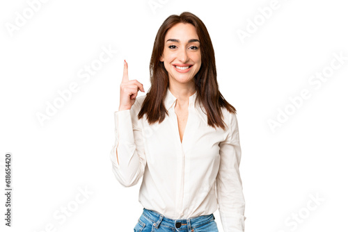 Young caucasian woman over isolated chroma key background pointing with the index finger a great idea
