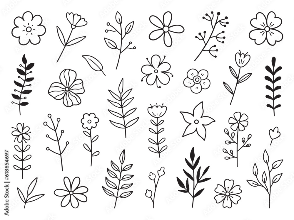 Hand drawn set of flowers and branches doodle. Floral and herbal elements.in sketch style. Vector illustration isolated on white background. Hand drawn set of flowers and branches doodle. Floral and herbal elements.in sketch style. Vector illustration isolated on white background.