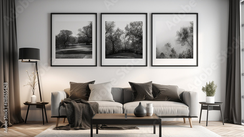 Fototapeta Naklejka Na Ścianę i Meble -  An image of a natural and eco-friendly wooden picture frame mockup, showcasing its raw and unfinished texture, against a plain earthy brown wall background, 3D mock-up, Created with AI