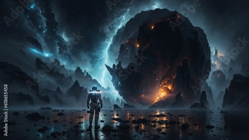 Desbravando o Desconhecido: Astronauta Futurista em um Mundo de Tempestades, Montanhas e Magma. photo