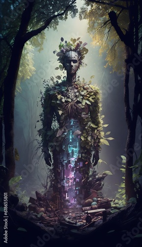 A strange figure with a dynamic interpretive pose unveiling the etheric lands inside the overgrown forest of many random items posters and paintings with strange otherworldly exquisite existence 