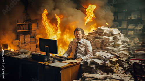 Burnout, Employee hates his job, office is on fire, time for something new, job search, job wanted, employment agency, documents burned, digital office, files destroyed, Generative AI