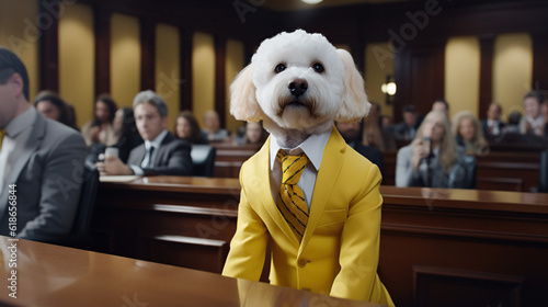 white dog working as a lawyer acting in jury court wearing yellow suit, Generative AI