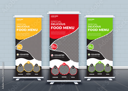 Delicious food roll up banner design template