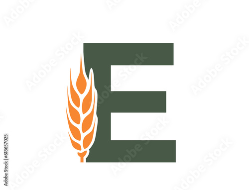 letter e with wheat ear. harvest alphabet logotype symbol. agriculture, grain crops and cereal farming design