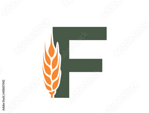 letter f with wheat ear. harvest and organic food alphabet logo. agriculture, grain crops and cereal farming design