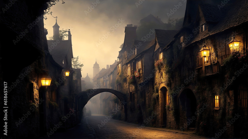 Obraz premium Illustration a foggy European medieval street in the morning - AI generative