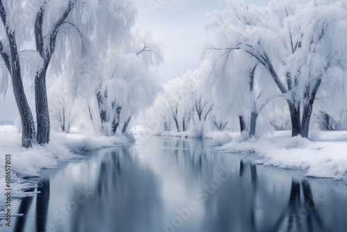 Beautiful winter landscape with river in the forest, the trees in the forest are covered in snow and reflecting in the open water of the river. Rural travel concept. Generative AI © britaseifert