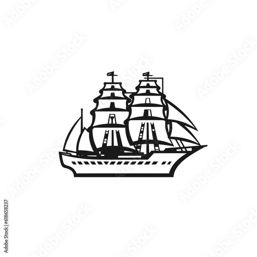 Pirate ship flag anchor, life buoy, ship steering wheel