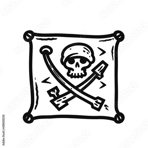 Pirate ship flag anchor, life buoy, ship steering wheel