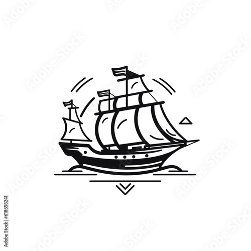 Pirate ship flag anchor, life buoy, ship steering wheel