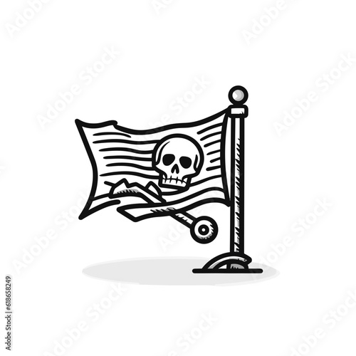 Pirate ship flag anchor, life buoy, ship steering wheel