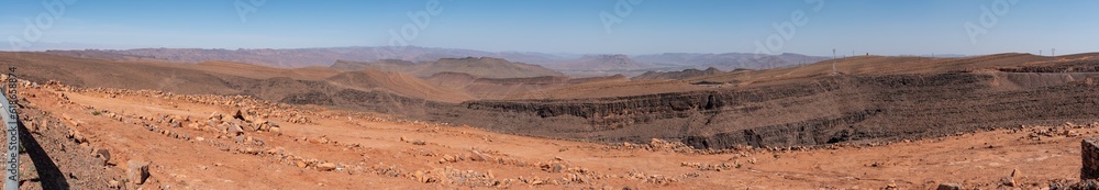 Scenic panoramic view on the arid Anti Atlas mountains with red rock
