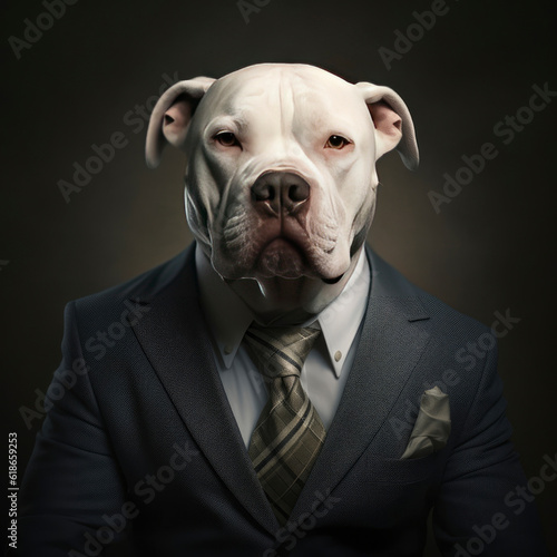 a dapper white dog dressed in a suit and tie
