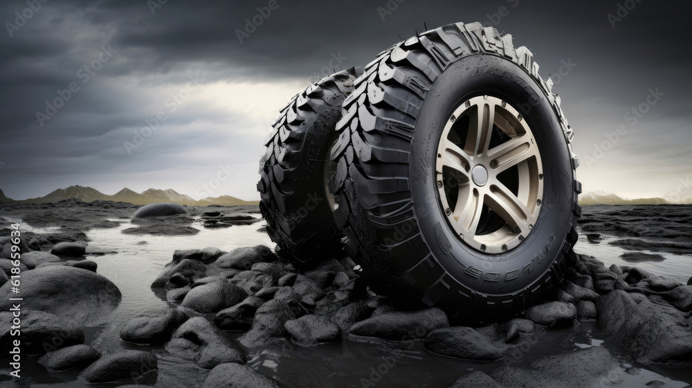 a truck tire sitting on top of a pile of rocks