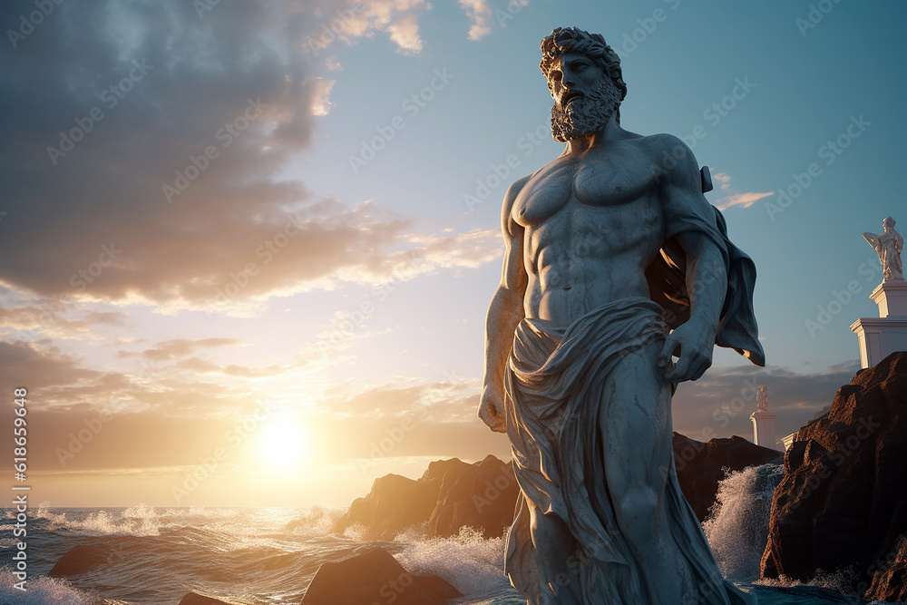 A Majestic marble statue of Poseidon, the ancient Greek god of the sea