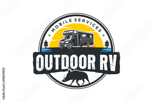 RV car logo design recreational vehicle holiday emblem badge illustration wild boar animal 