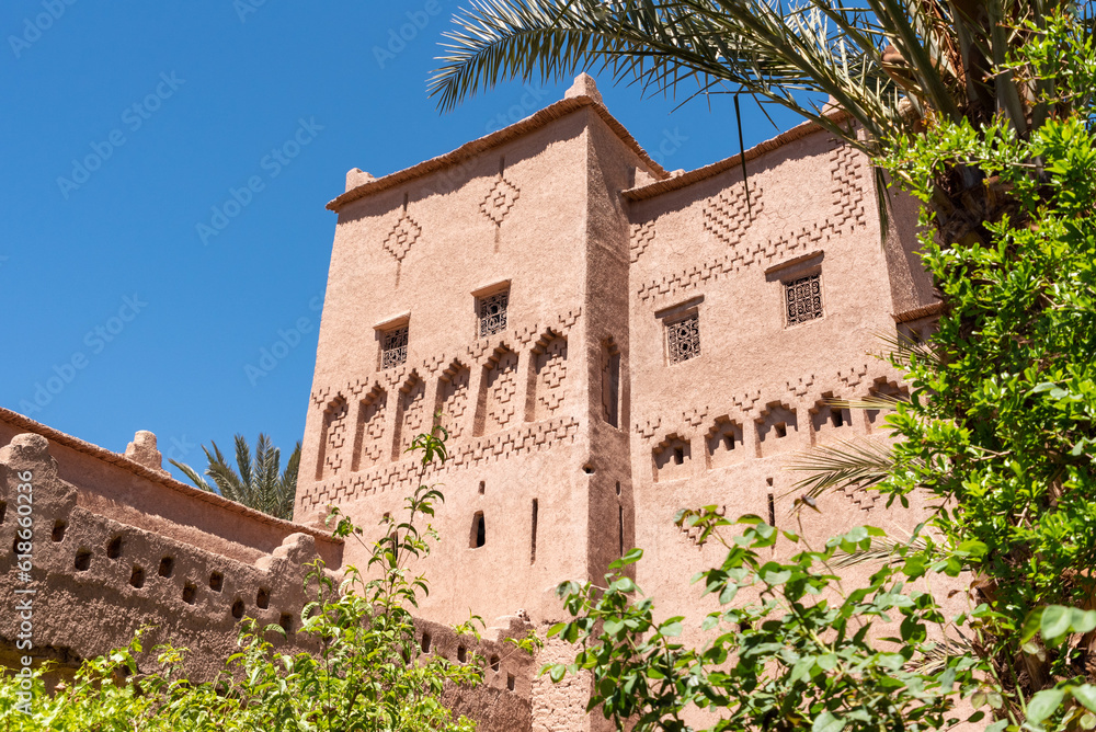 Traditional ornate facade of a Moroccan Kasbah at famous Road of the Kasbahs
