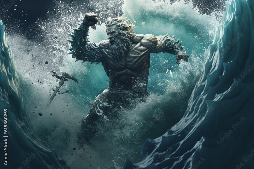 A Majestic marble statue of Poseidon, the ancient Greek god of the sea, Created with AI