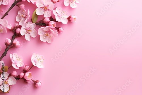 Banner with flowers on light pink background. Greeting card template for Wedding, mothers or womans day. Springtime composition with copy space. Flat lay style photo