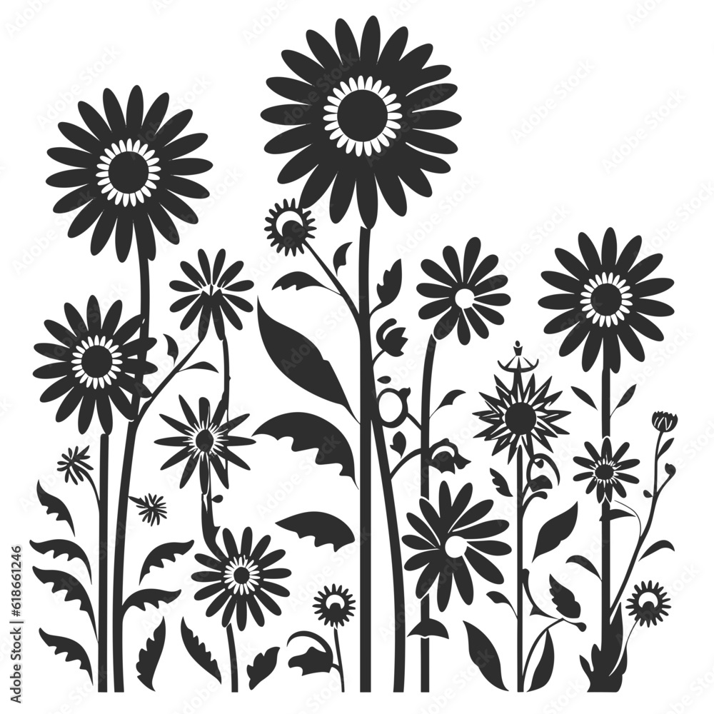 Fototapeta premium Wildflower SVG silhouette black and white isolated graphic, flower, nature