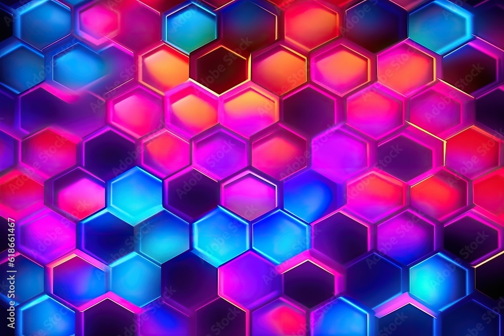 Dark honeycomb abstract technology pattern. Bright neon colors. Hexagonal gaming tech background. Fluorescent pink, violet, orange and blue Dark honeycomb abstract technology pattern. Bright neon colors. Hexagonal gaming tech background. Fluorescent pink, violet, orange and blue