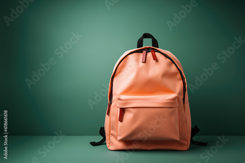 Back-to-School in Style. Orange Backpack with Green Background. Return to School Concept. AI Generative