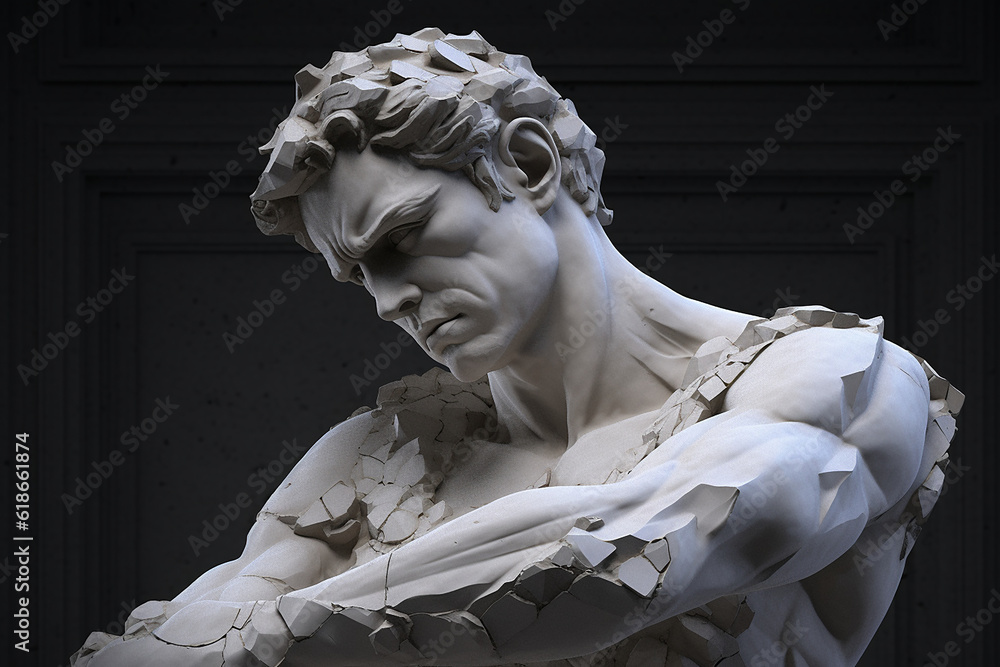 A Powerful and noble male marble sculpture broken into pieces, Created with AI