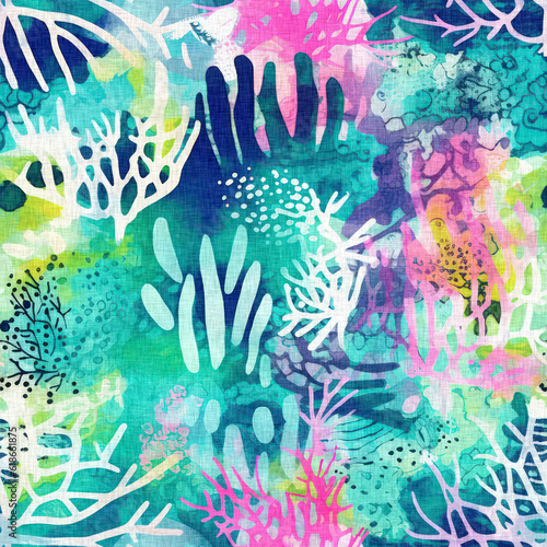 Fototapeta Naklejka Na Ścianę i Meble -  Tropical modern coastal pattern clash fabric coral reef print for summer beach textile designs with a linen cotton effect. Seamless trendy underwater kelp and seaweed repeat background