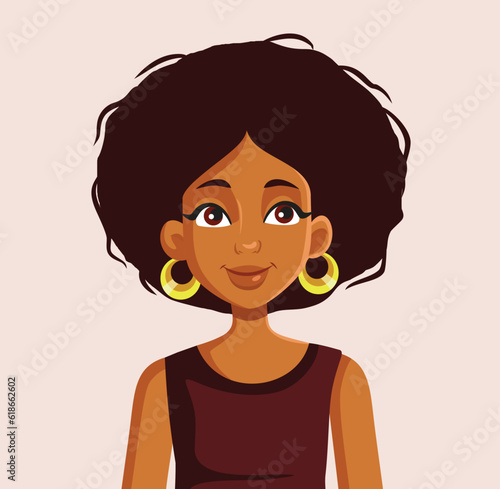 Happy Portrait of a Woman of African Ethnicity Vector Illustration. Pretty girl having an afro hairstyle and big statement earrings
