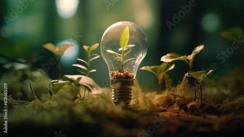 Plant growing inside lightbulb with forest background