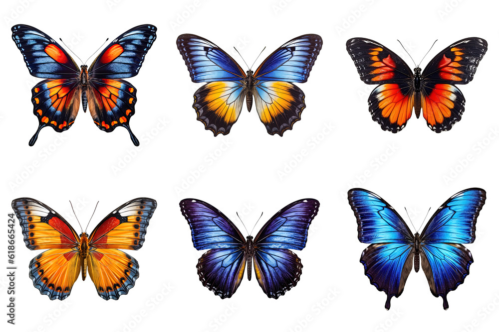 Collection of multicolored butterflies isolated on transparent background Collection of multicolored butterflies isolated on transparent background