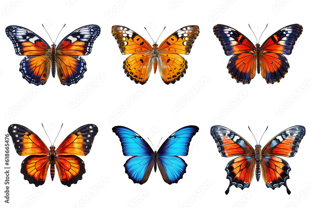 Collection of multicolored butterflies isolated on transparent background Collection of multicolored butterflies isolated on transparent background